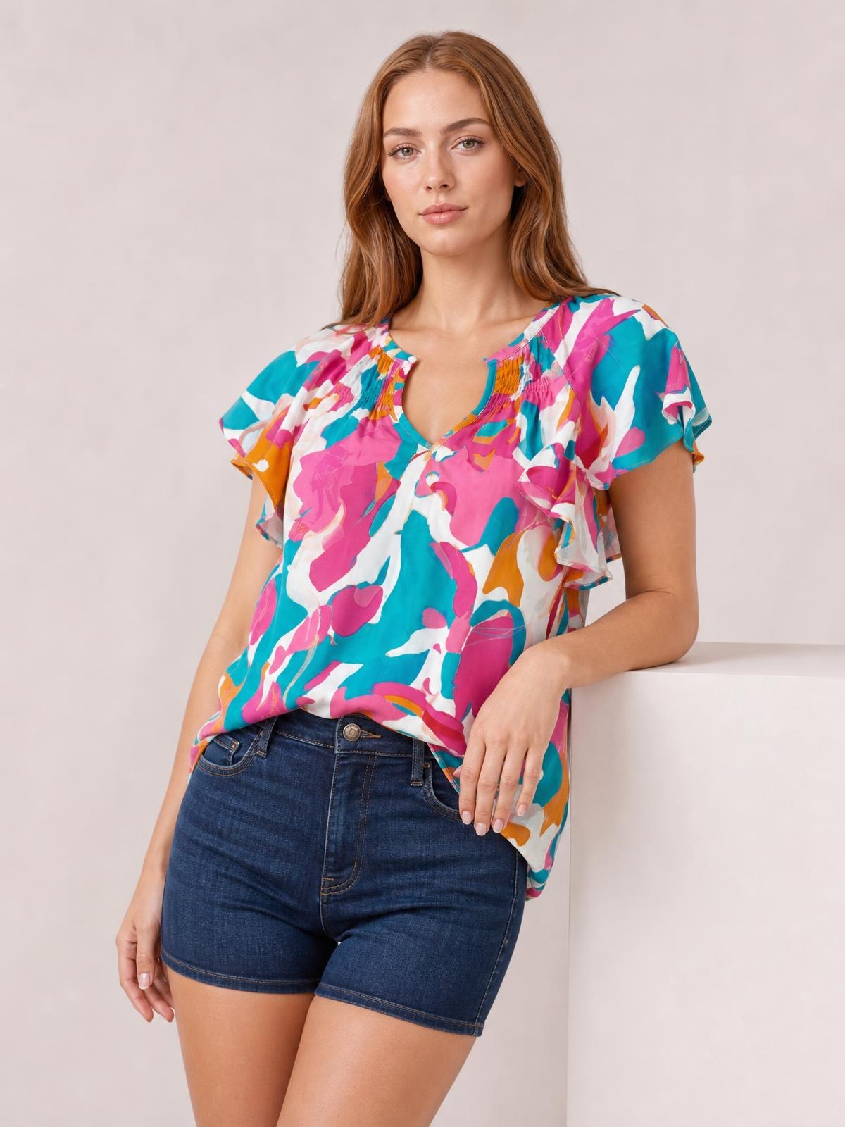 Model leans against a ledge wearing a colorful printed blouse with ruffled cap sleeves, a notched neckline, and a relaxed, slightly draped silhouette.