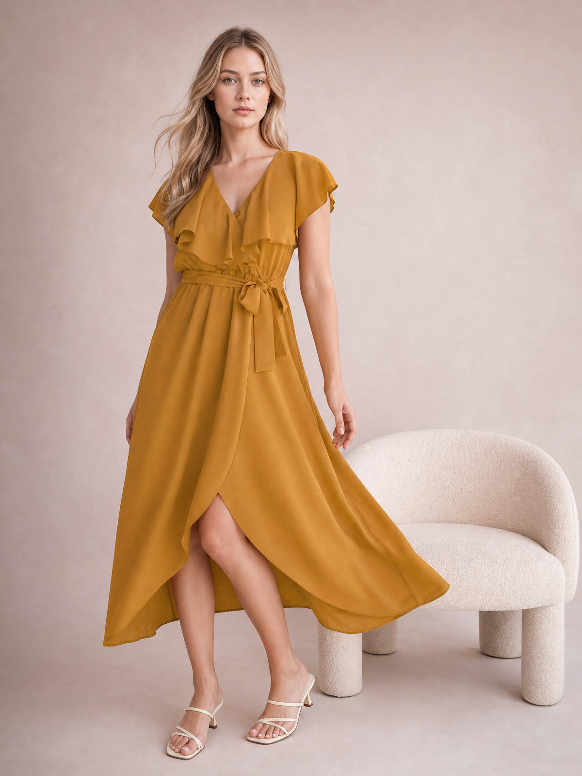 A model stands in a mustard ruffled surplice midi dress with flutter sleeves, a tied waist, flowing silhouette, and leg-baring front slit.