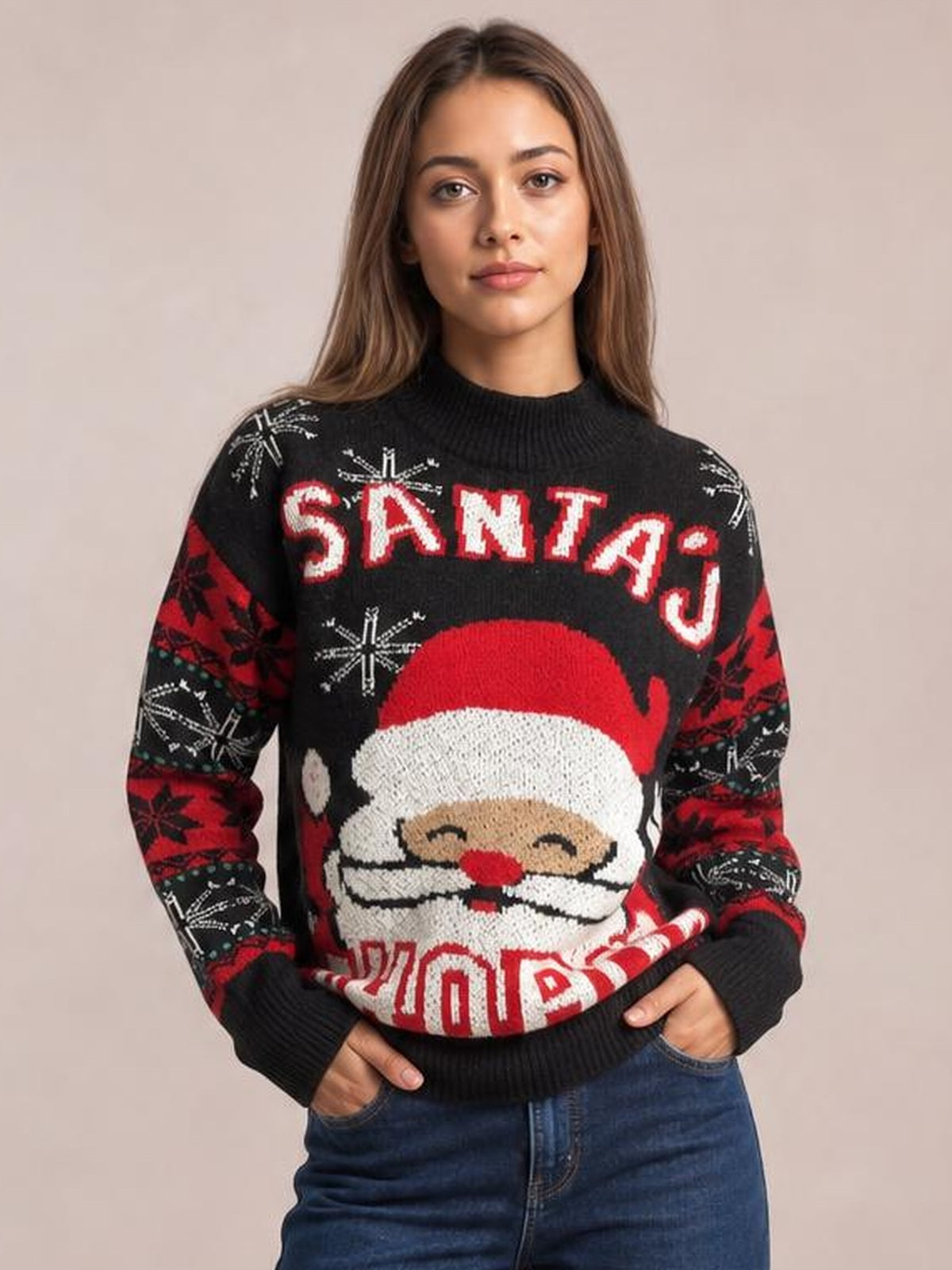 A model wears a black Santa mock neck long sleeve sweater with a festive Santa graphic, red-and-white lettering, patterned sleeves, and ribbed cuffs and hem.