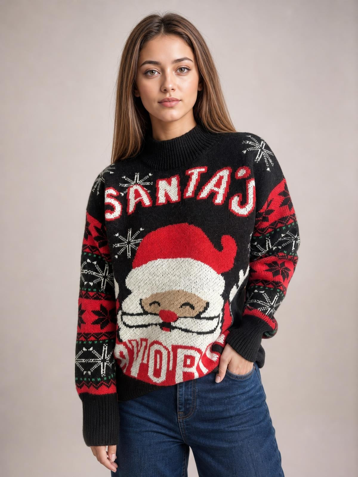 A model wears a black Santa mock neck long sleeve sweater with a knit construction, festive red, white, and green patterns, and a relaxed silhouette.