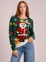Model wearing a dark green Santa sweater with a round neck, long sleeves, ribbed beige cuffs and hem, and a festive knit Christmas graphic.