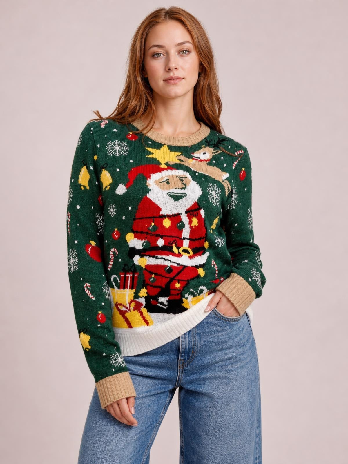 Model wearing a dark green Santa sweater with a round neck, long sleeves, ribbed beige cuffs and hem, and a festive knit Christmas graphic.