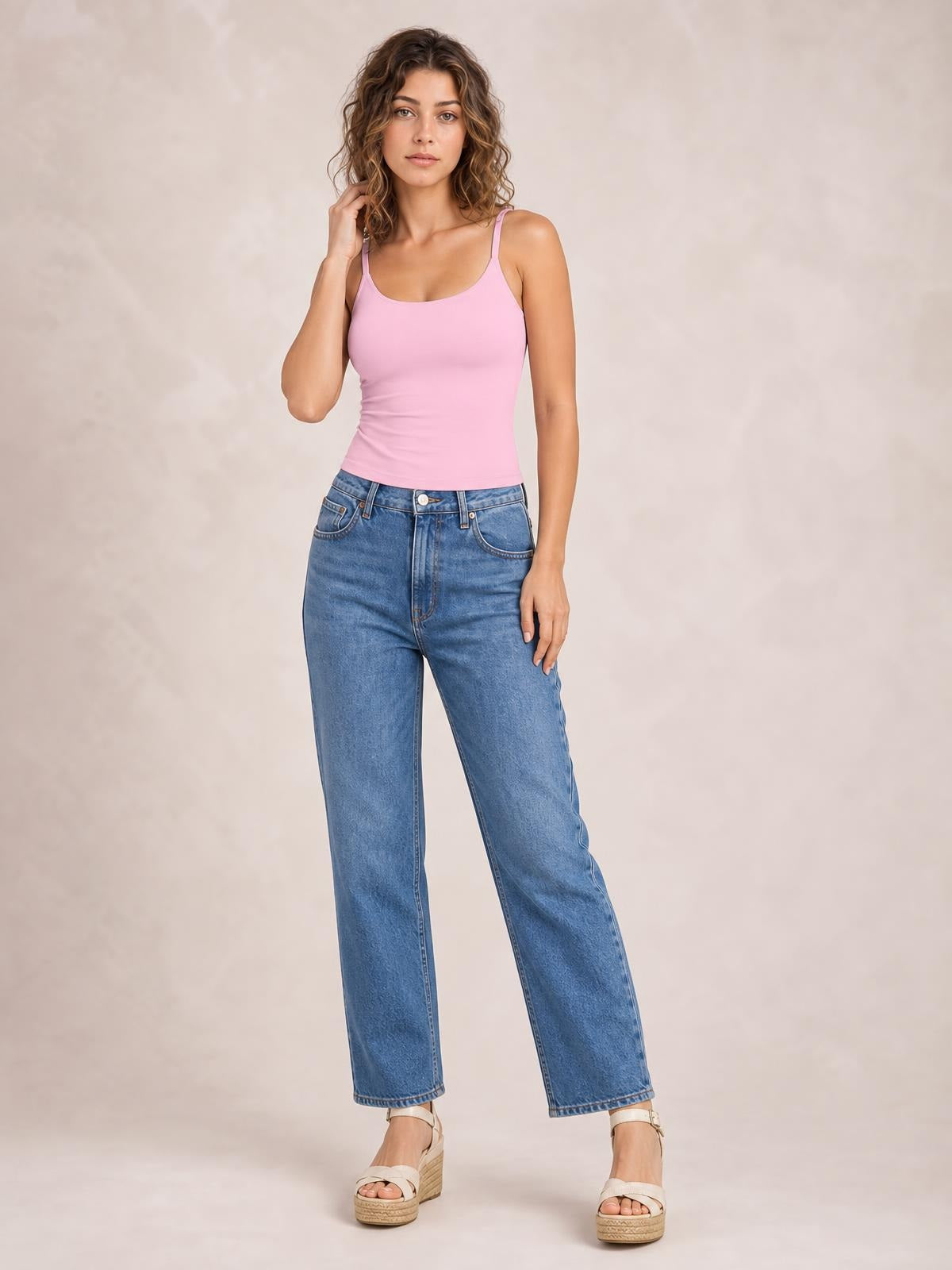 Model poses in a pink scoop neck cami with thin straps and a fitted, slightly stretchy silhouette, paired with wide-leg blue jeans.