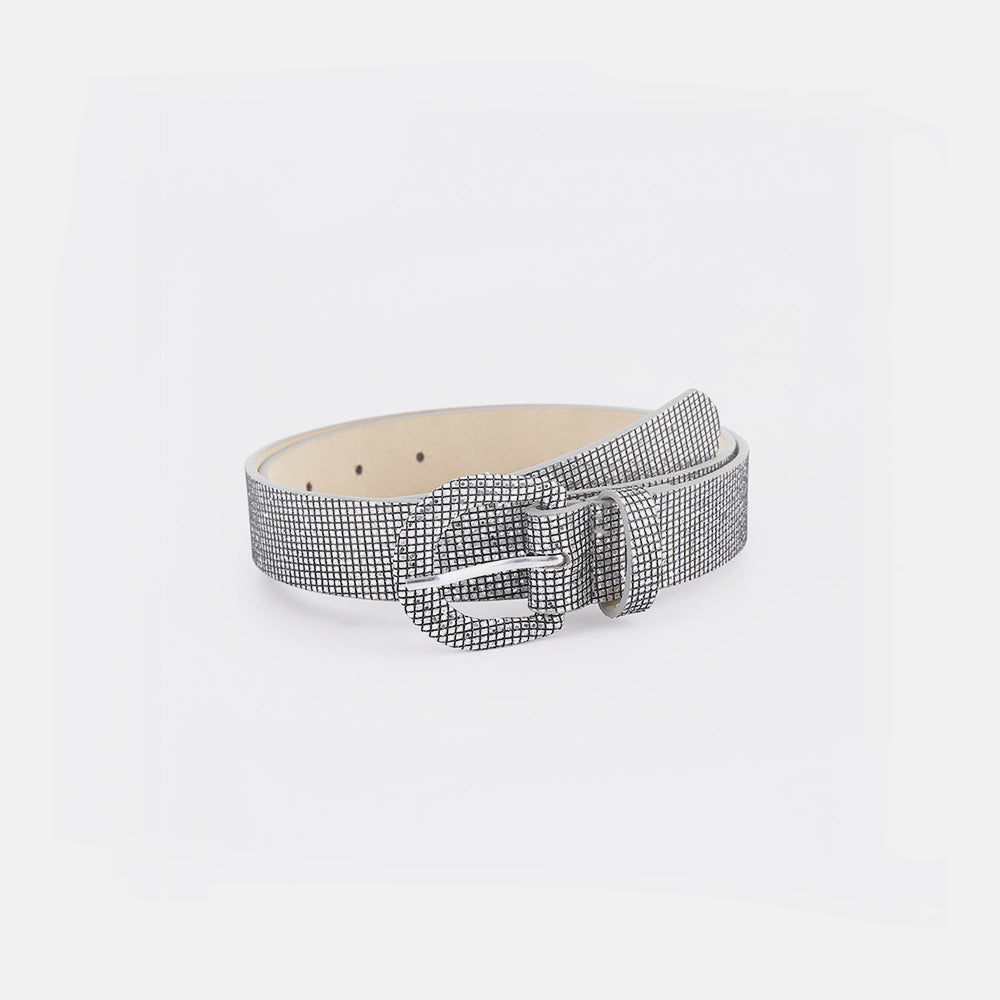 Silver sequin PU leather belt with an allover textured finish, slim 1.1-inch width, and coordinated rounded buckle with a classic prong closure.