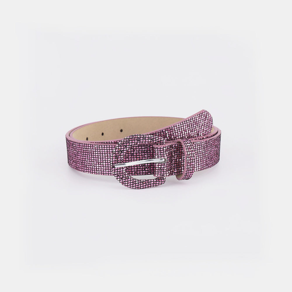 A pink sequin PU leather belt with a sleek 1.1-inch width, allover shimmer, adjustable holes, and a coordinated rounded buckle.
