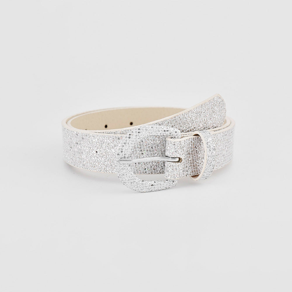 Silver sequin PU leather belt with a slim 1.1-inch width, rounded buckle, prong closure, and adjustable holes for a polished waist-defining finish.
