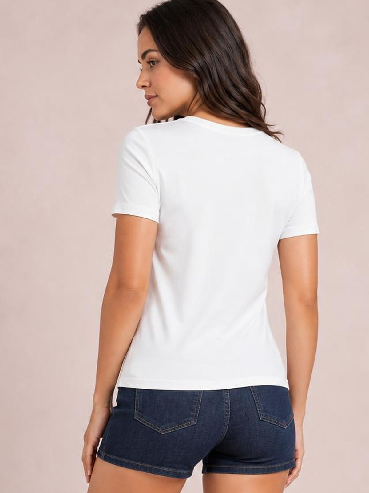 Model shown from behind wearing a white round-neck short-sleeve T-shirt with a smooth, fitted silhouette and straight hem.