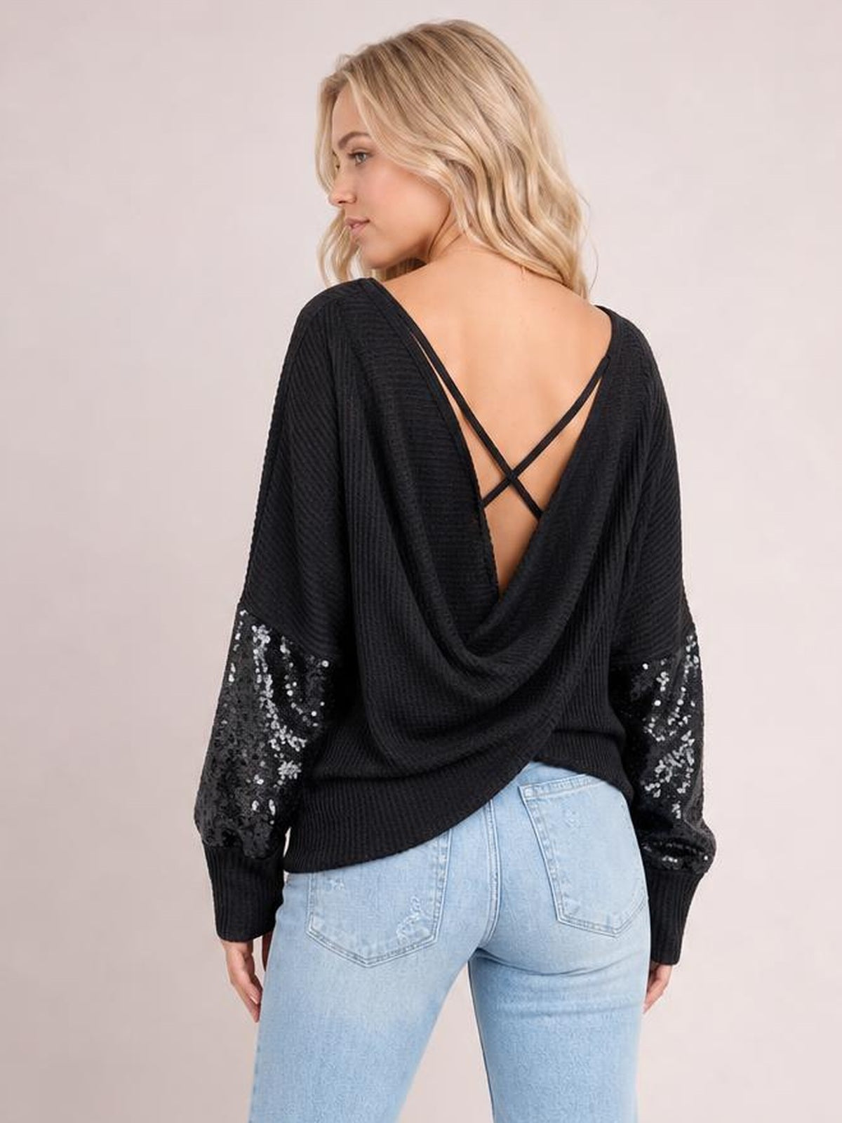 Sequin Waffle-Knit Blouse · Rule Full Body - Back View