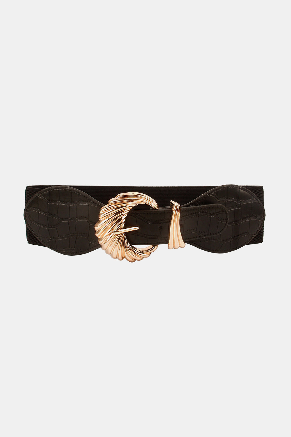 Black wide elastic belt in crocodile-textured PU features a sculptural silhouette and ornate warm metallic alloy buckle with layered circular detailing.