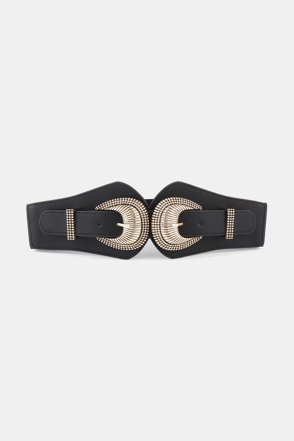 Black PU wide belt with a structured silhouette, stitched edges, adjustable strap holes, and ornate double shell-inspired alloy buckles at the center.