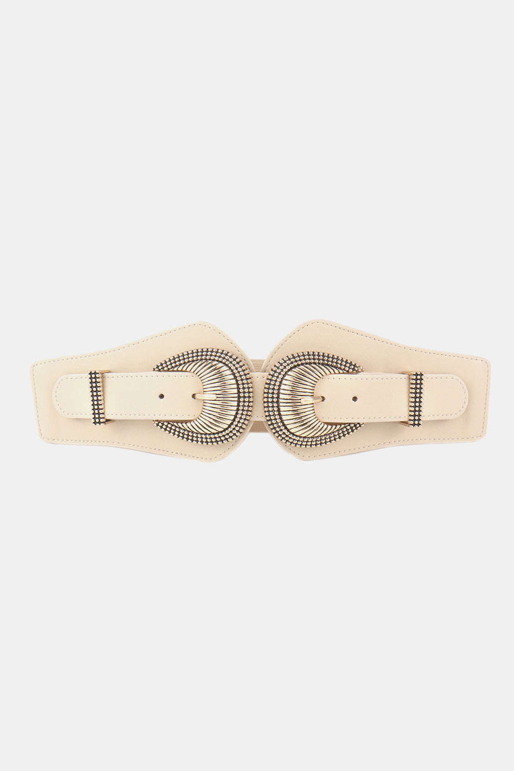 Cream PU wide waist belt with a flexible elastic construction, double sculptural shell-inspired buckles, and textured alloy detailing.