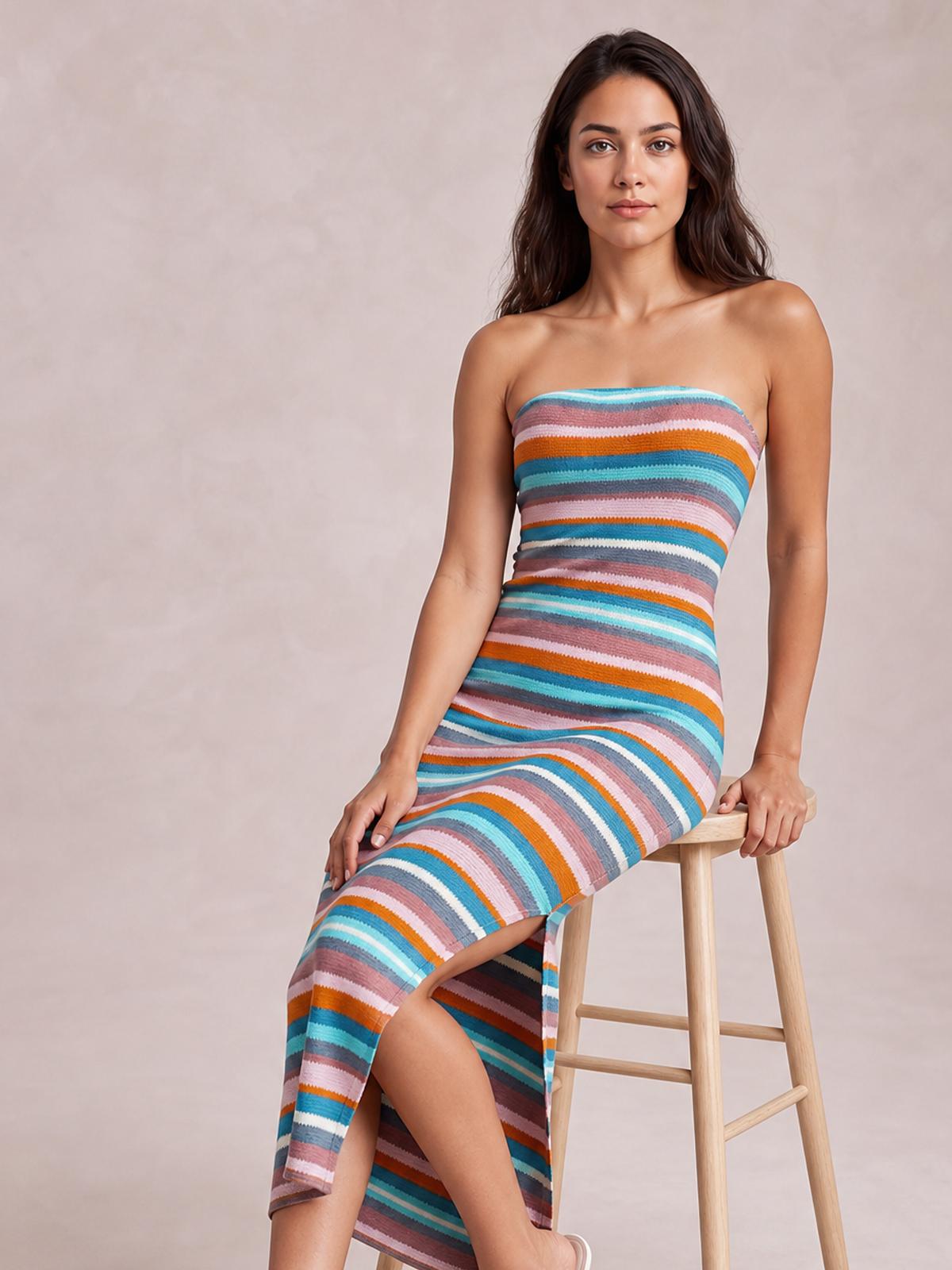 A seated model wears a strapless, body-skimming tube dress with colorful horizontal stripes, a long silhouette, and a side slit revealing one leg.