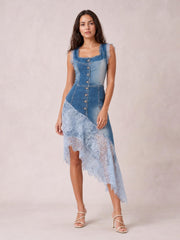 Model wearing a sleeveless blue patchwork denim dress with button front, fitted silhouette, lace-trimmed straps, and an asymmetric lace hem.