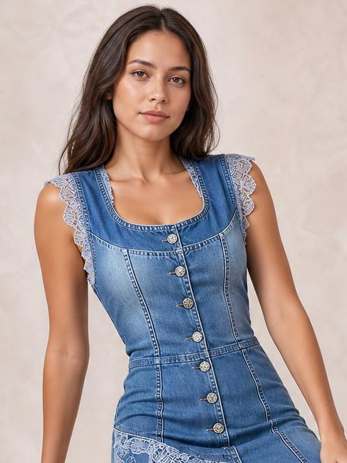 Model poses in a blue patchwork denim dress with a fitted silhouette, button front, sleeveless cut, square neckline, and lace trim at the shoulders and hem.