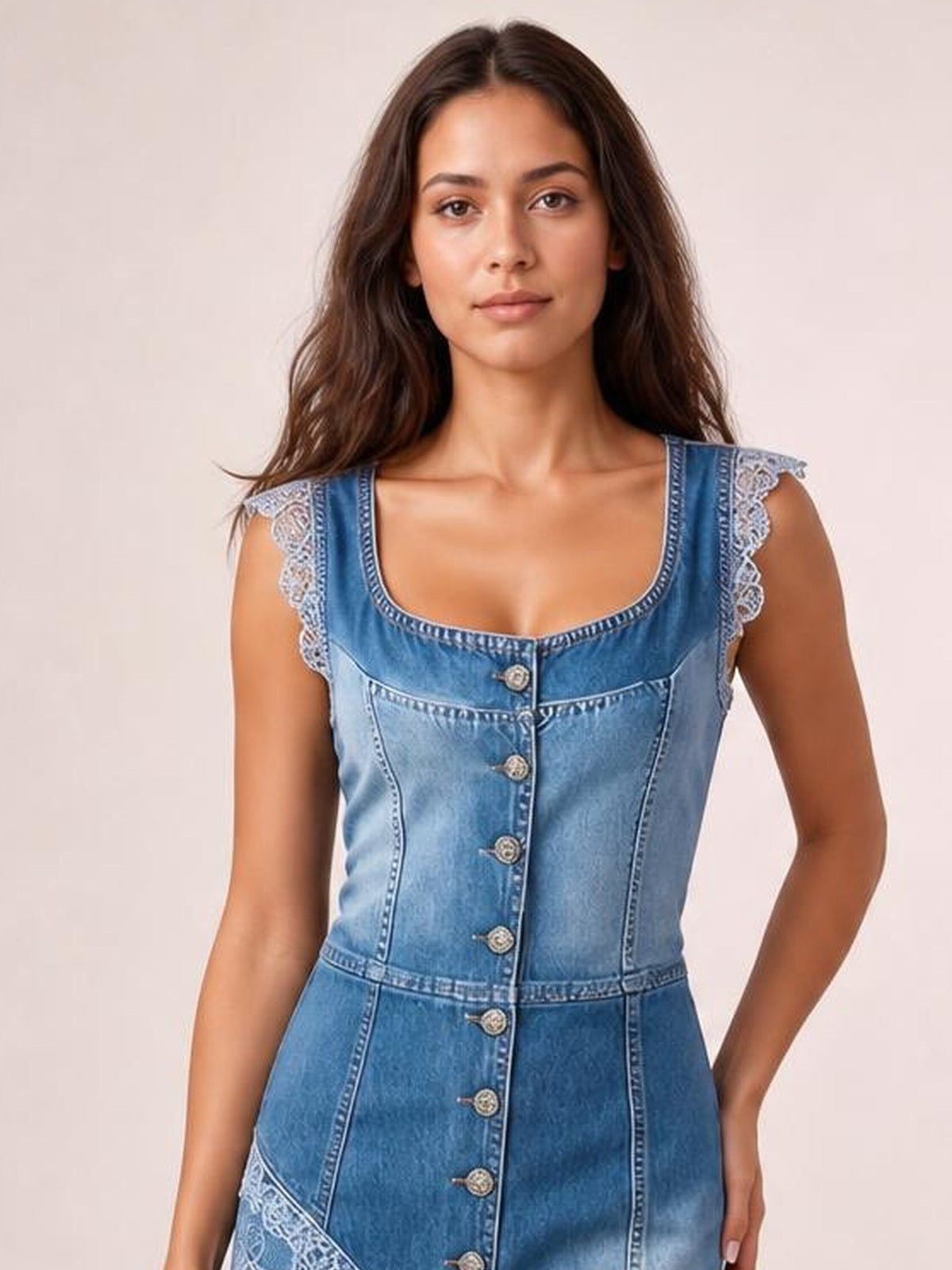 A model poses in a blue patchwork denim dress with a square neckline, button-front construction, fitted silhouette, and delicate lace-trimmed shoulders.