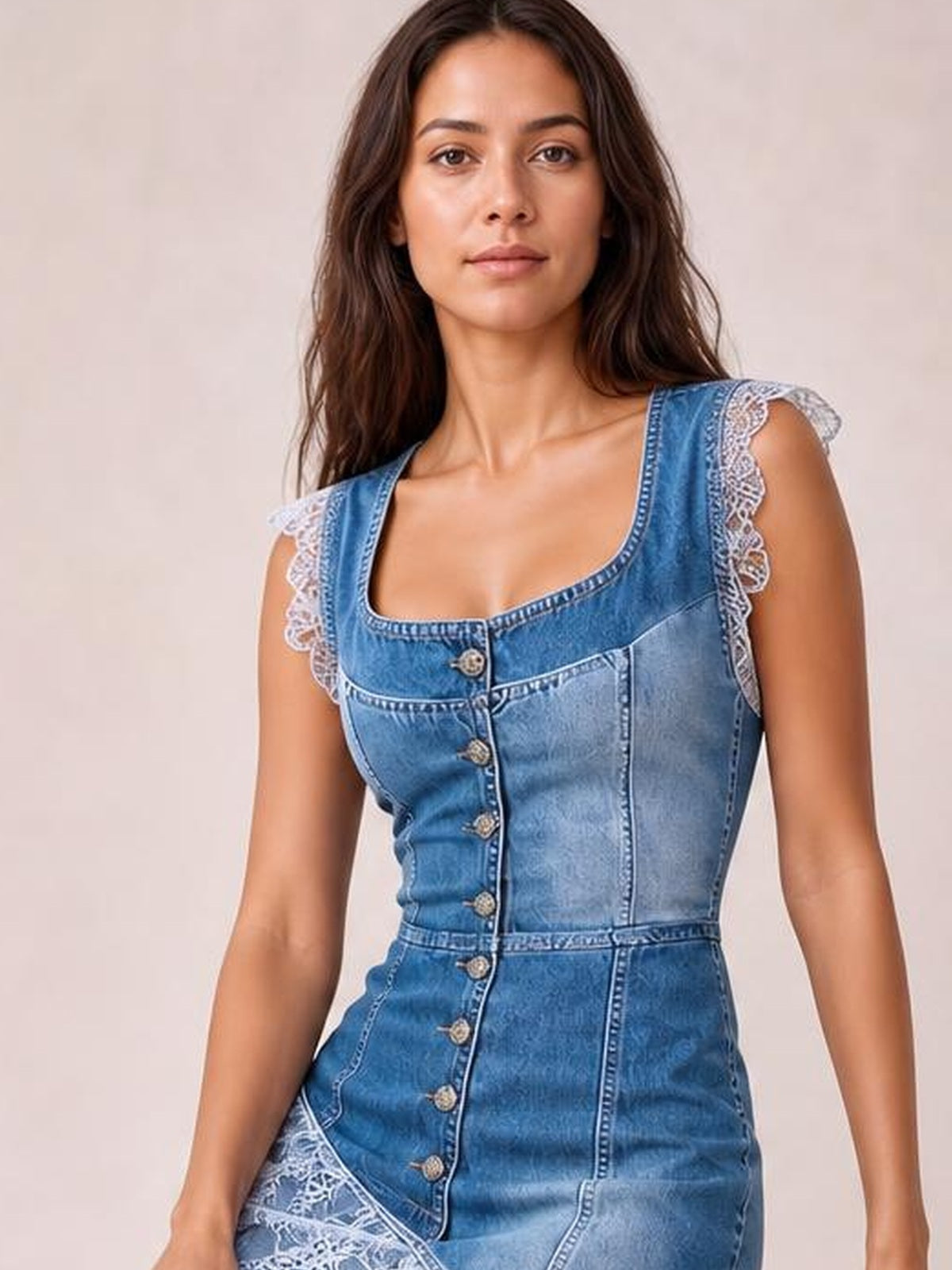 A model stands in a fitted blue patchwork denim dress with a sleeveless square neckline, button-front construction, lace-trimmed shoulders, and an asymmetric lace hem.