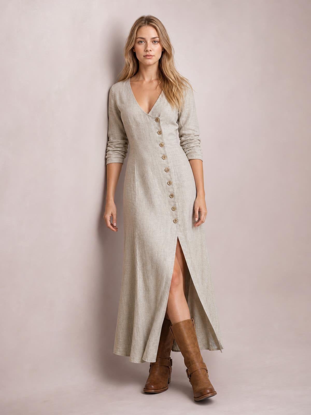 Model standing in a beige button-down midi dress with long sleeves, a fitted silhouette, V-neckline, front buttons, and a high front slit.