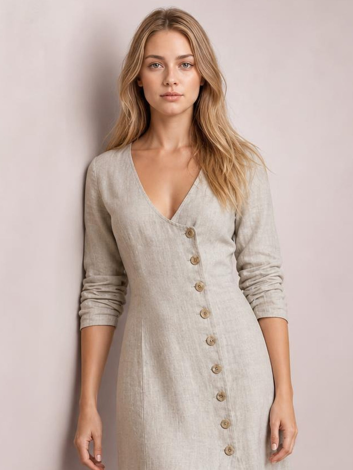 A model stands facing forward in a light beige button-down midi dress with a V-neckline, long sleeves, front buttons, and a straight, fitted silhouette.