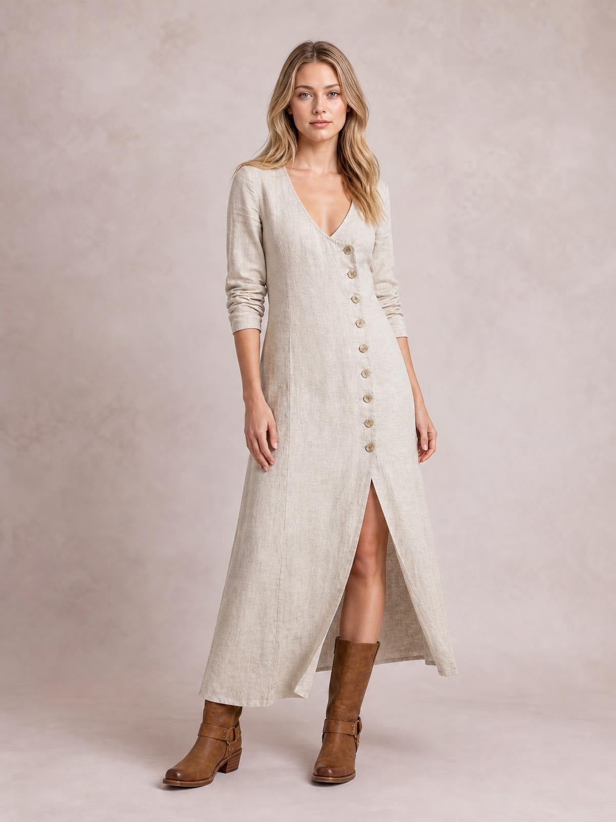 Model stands in a beige button-down midi dress with long sleeves, a V-neckline, straight silhouette, and front slit revealing brown boots.