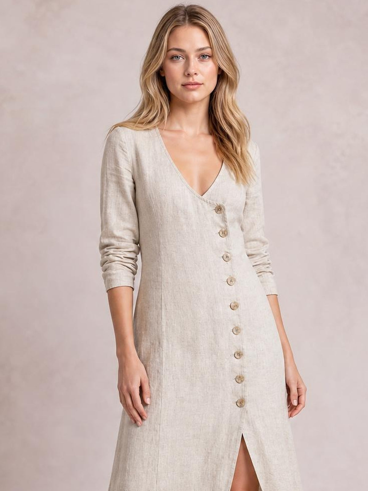 Model wears a light beige midi dress with a V-neck, long sleeves, front button-down construction, and a front slit in a straight silhouette.