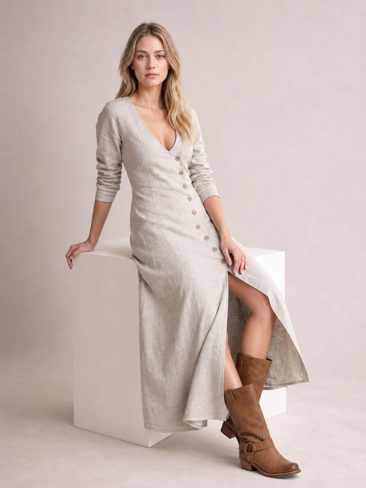 A model leans against a block wearing a light beige button-down midi dress with a V-neck, long sleeves, fitted silhouette, and front slit.