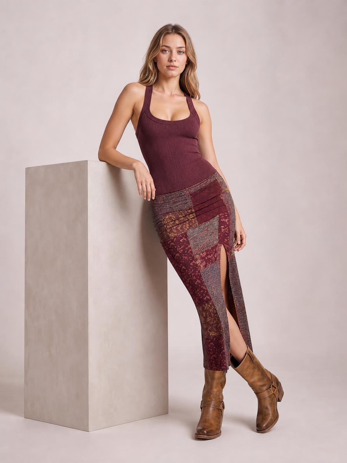 A model leans in a burgundy sleeveless midi dress with a ribbed fitted bodice, printed patchwork skirt, slim silhouette, and front slit.