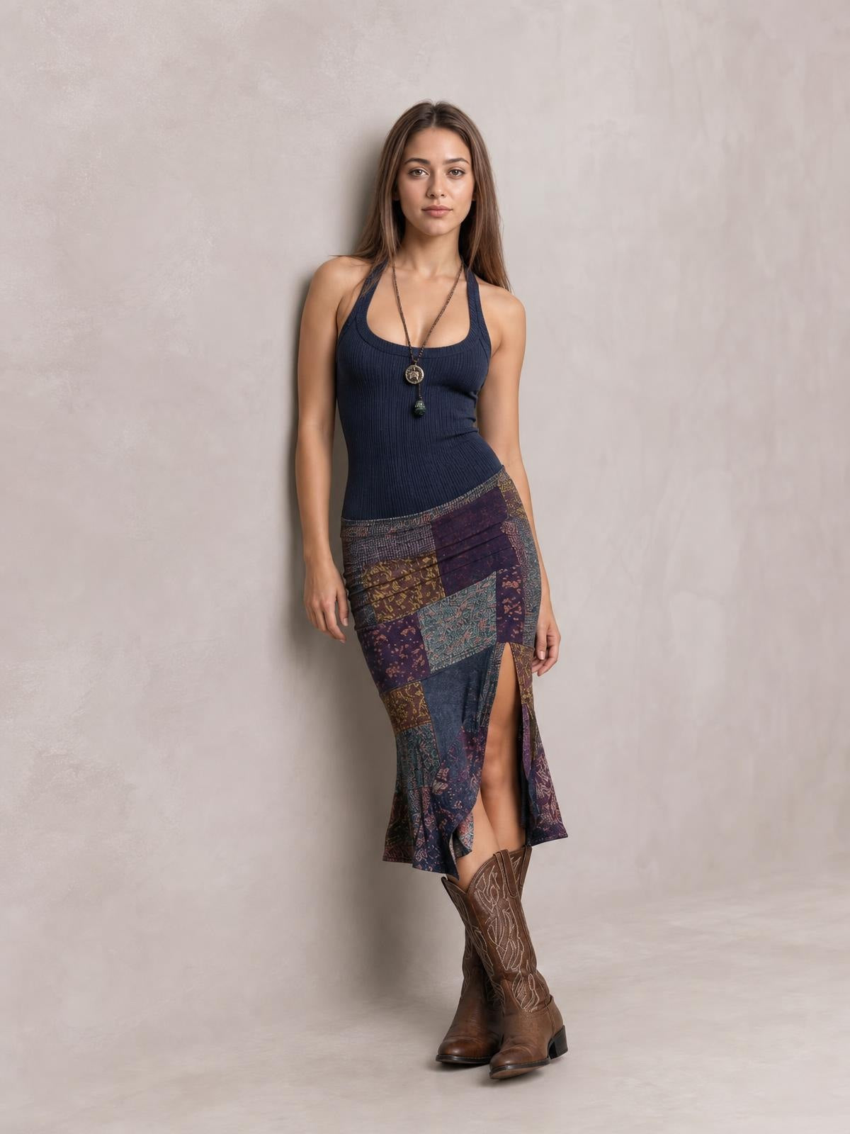 Model stands in a fitted sleeveless midi dress with a ribbed navy bodice, colorful patchwork print, stretch silhouette, and front slit.
