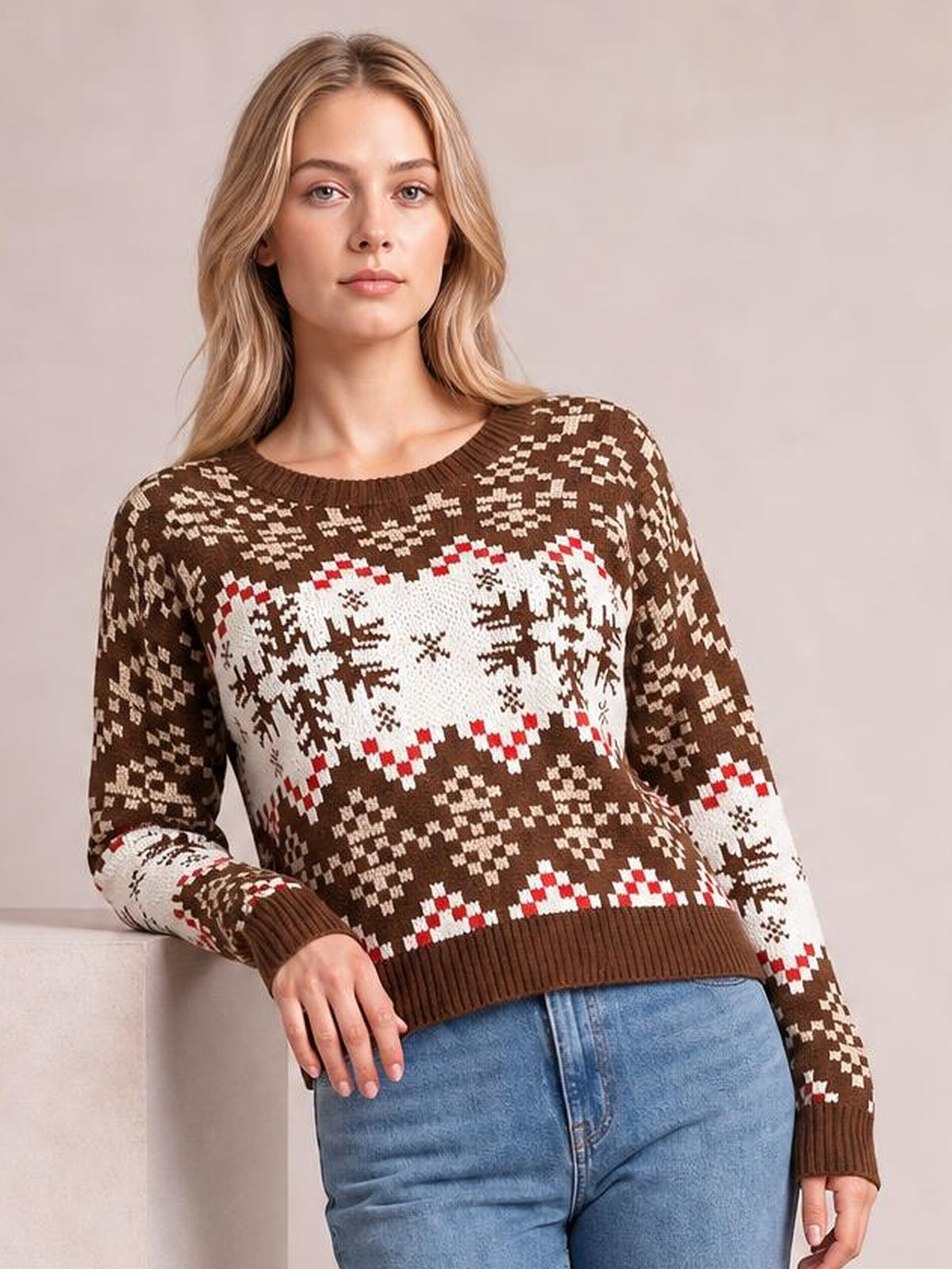 Model leans against a ledge wearing a brown round-neck sweater with white and red snowflake patterns, long sleeves, ribbed cuffs, and a fitted silhouette.