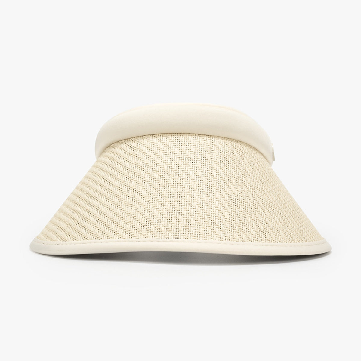 A cream natural-grass weave visor features an open-top silhouette, gently curved wide brim, and smooth PVC headband and trim for a polished finish.