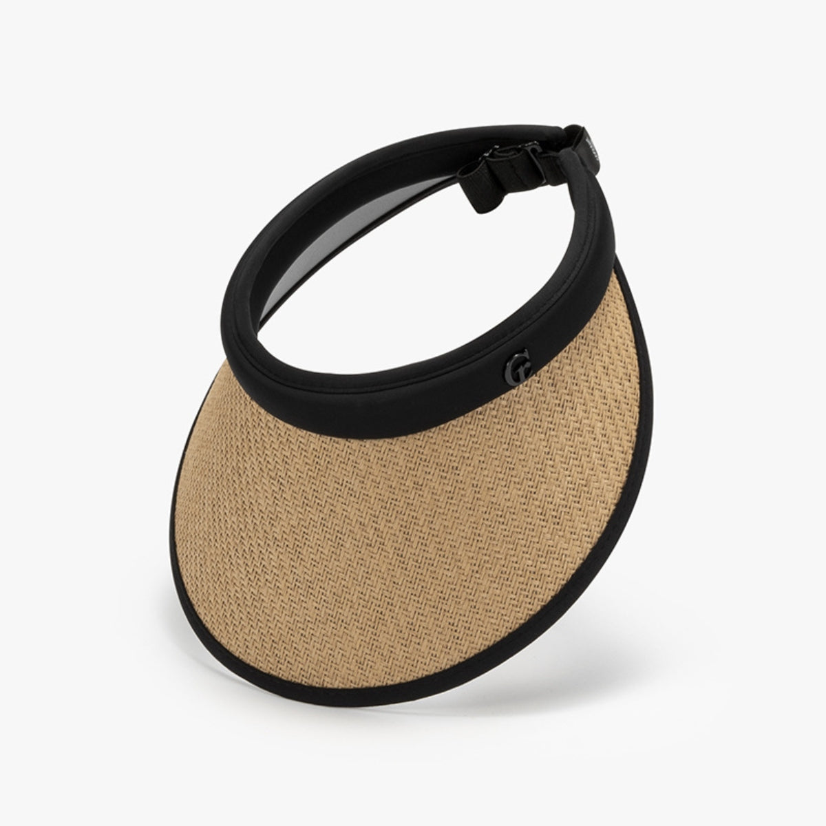 Natural grass weave visor in tan with a black PVC-trimmed curved brim, open-top silhouette, wide headband, and adjustable back strap.