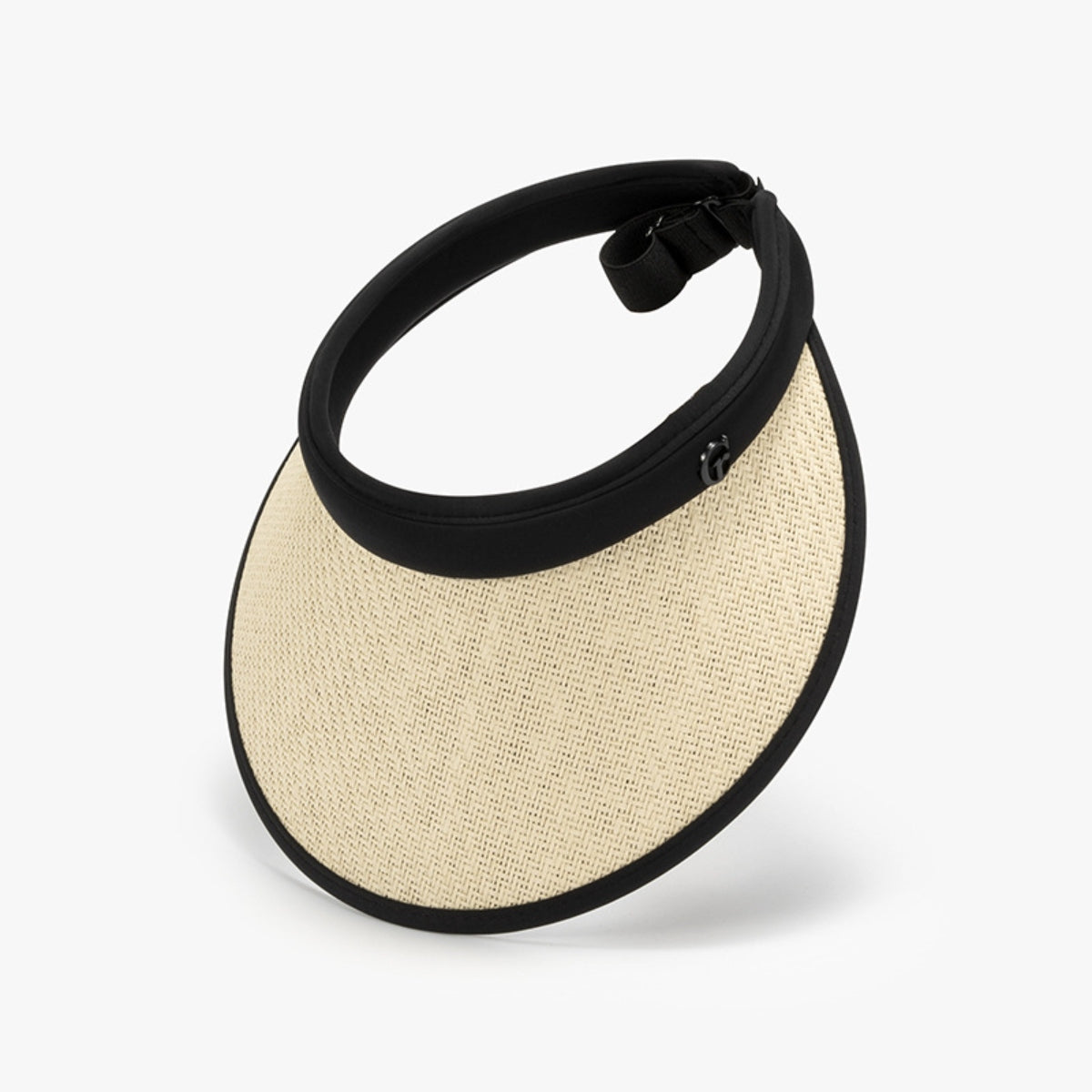 Woven natural grass visor with an open-top silhouette, gently curved brim, black PVC trim and headband, and an adjustable back strap.