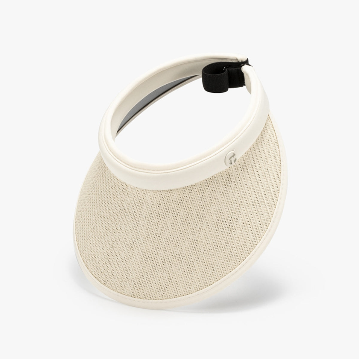 Cream adjustable weave visor with an open-top silhouette, textured natural grass front, curved PVC brim and headband, and a black back strap.