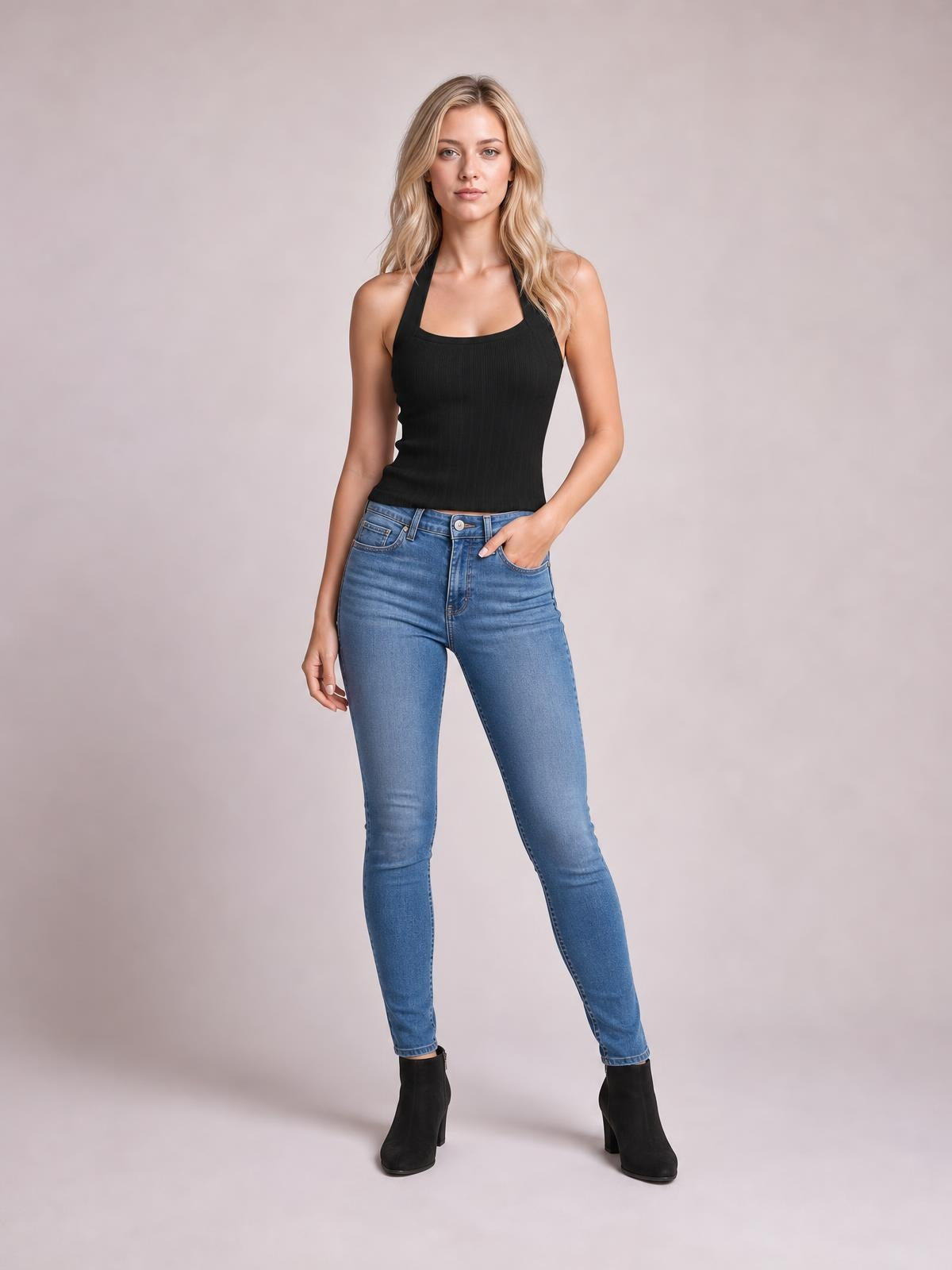 Model poses in a solid black halter neck knit cami with a fitted silhouette and wide shoulder straps, paired with jeans.