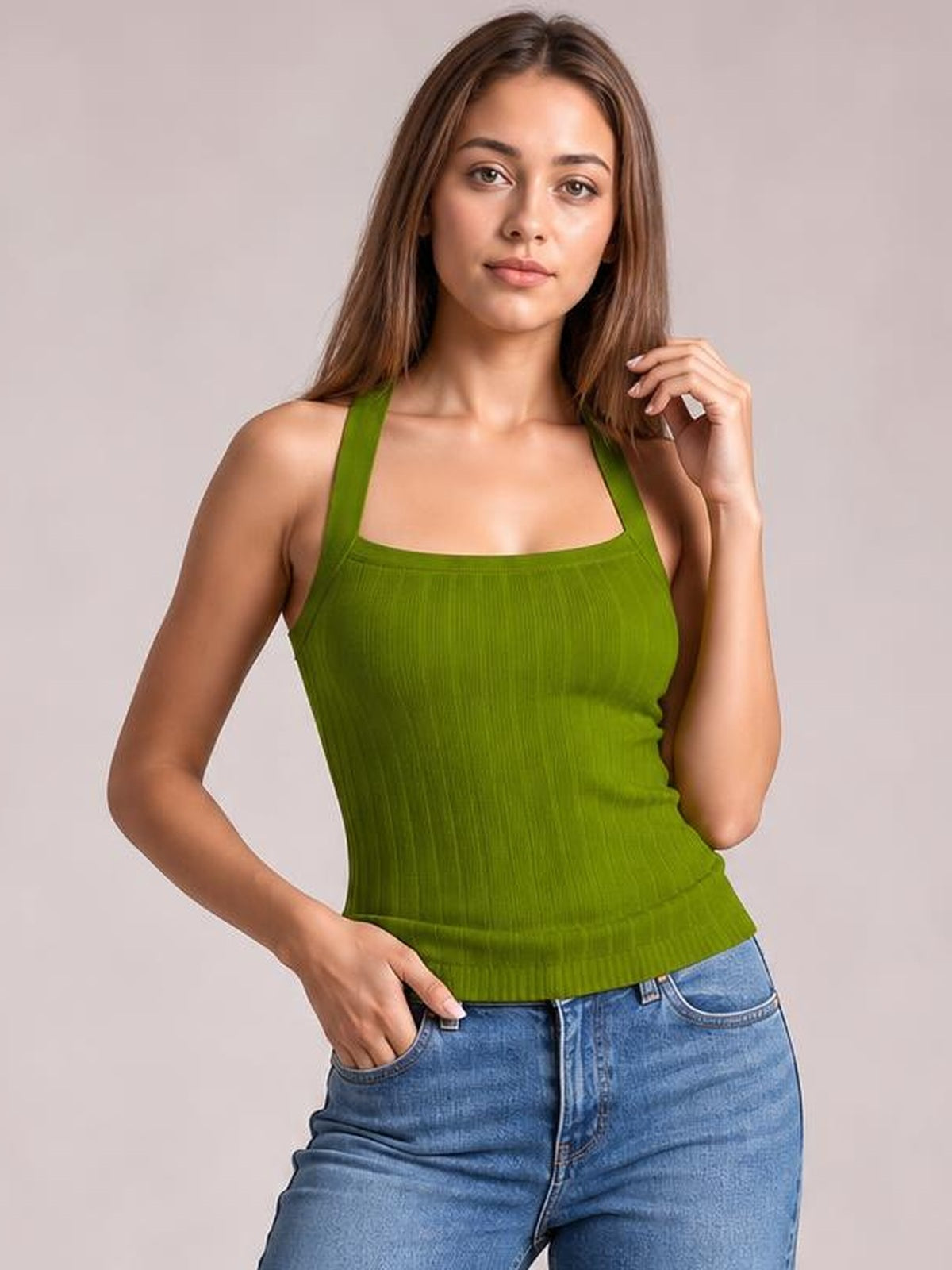 A model poses in a solid olive-green knit cami with wide shoulder straps, a square neckline, ribbed texture, and a fitted silhouette.