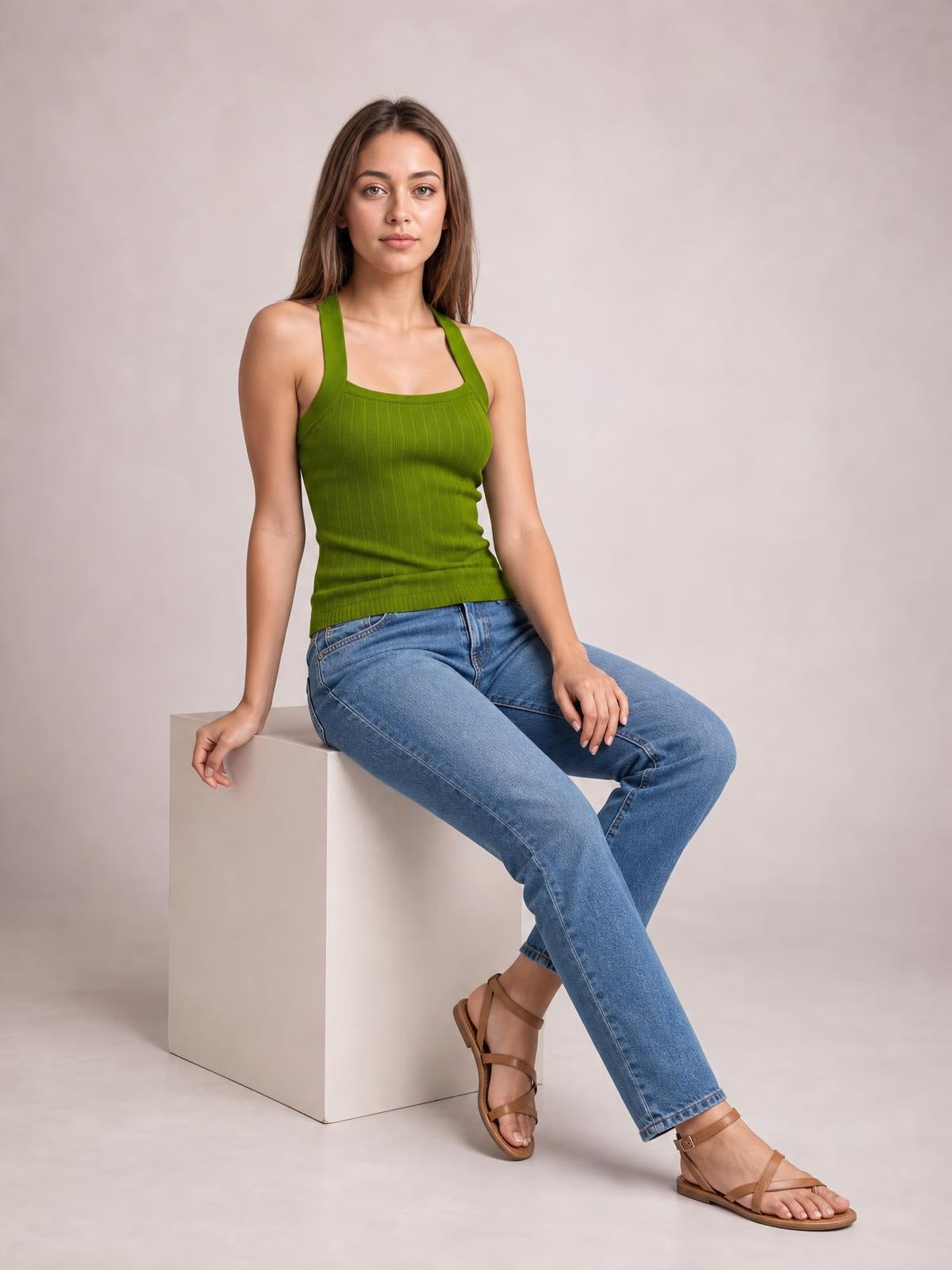 A seated model wears a solid green halter neck knit cami with wide straps, subtle vertical texture, slight stretch, and a fitted silhouette.