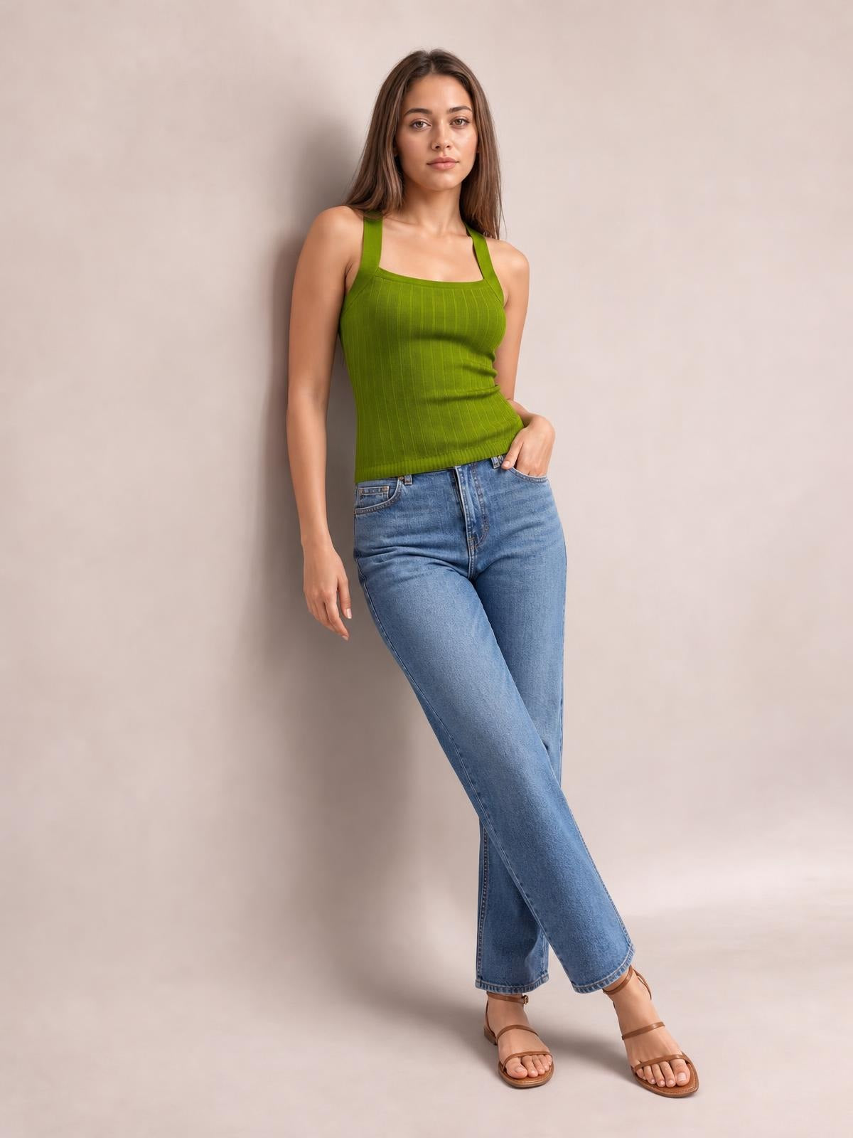 A model wears a solid green halter neck knit cami with ribbed texture, wide straps, and a fitted silhouette, posing with one hand in her jeans pocket.