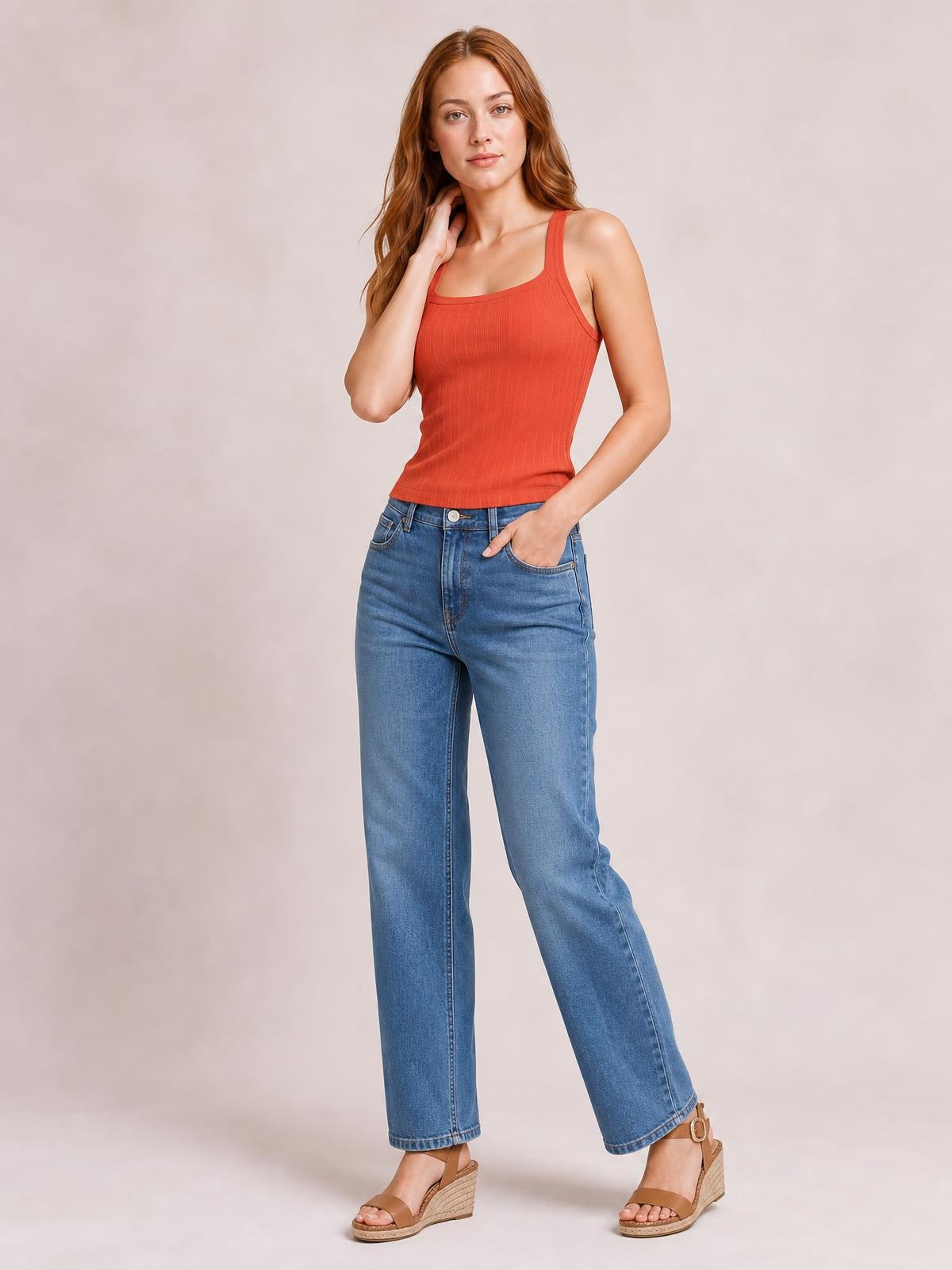 Model poses in a coral solid-color knit cami with wide straps, a square neckline, subtle ribbed texture, and a fitted silhouette.