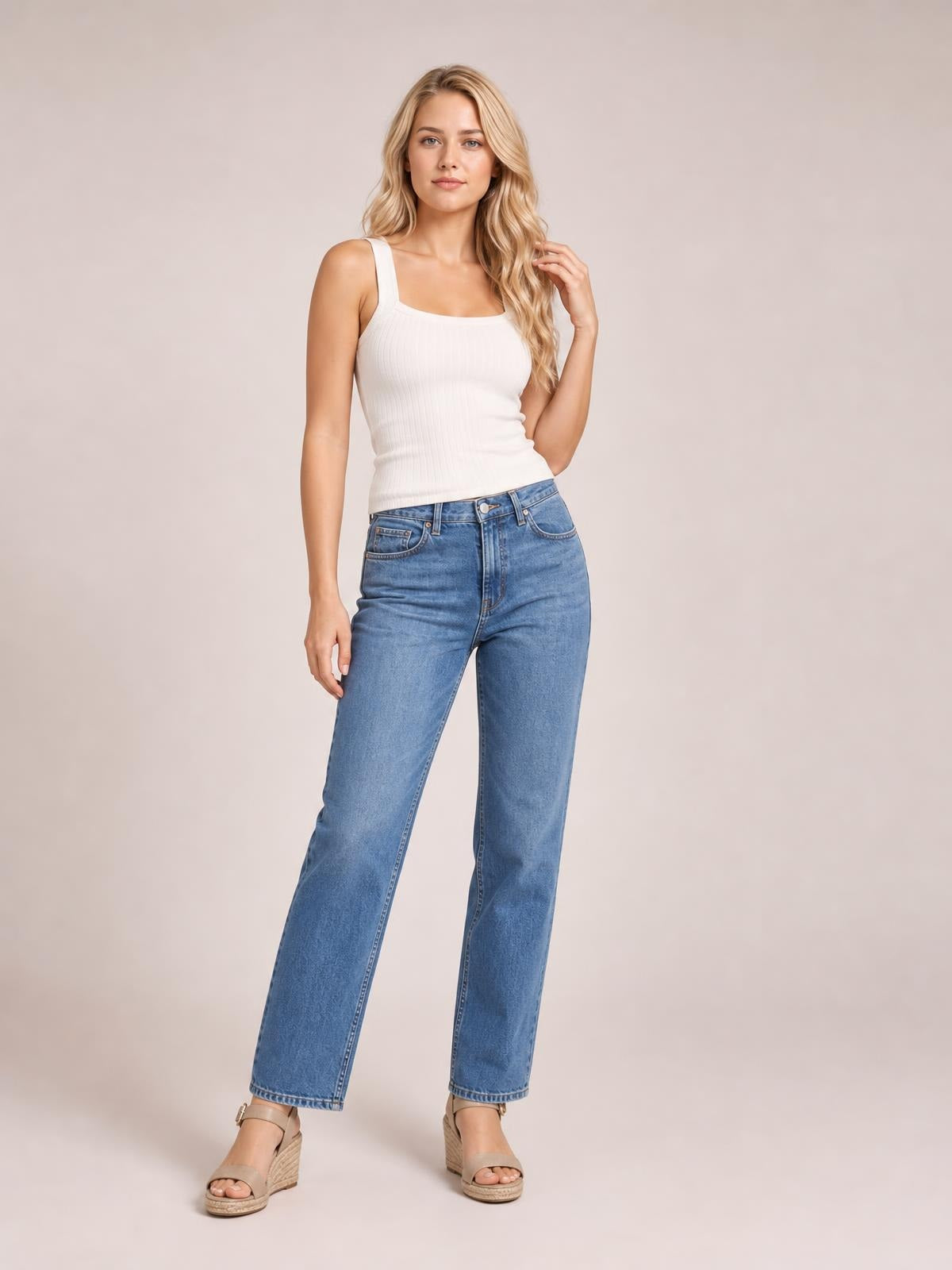 Model wearing a solid white knit cami with a square neckline, wide shoulder straps, ribbed construction, and a fitted silhouette while posing with one hand in her hair.