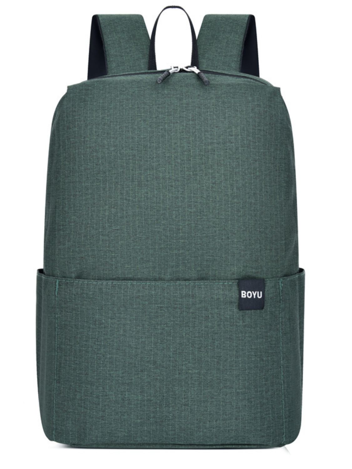 Medium solid-color dark green nylon backpack with a streamlined silhouette, rounded corners, curved base, top zip closure, front slip pocket, and adjustable straps.