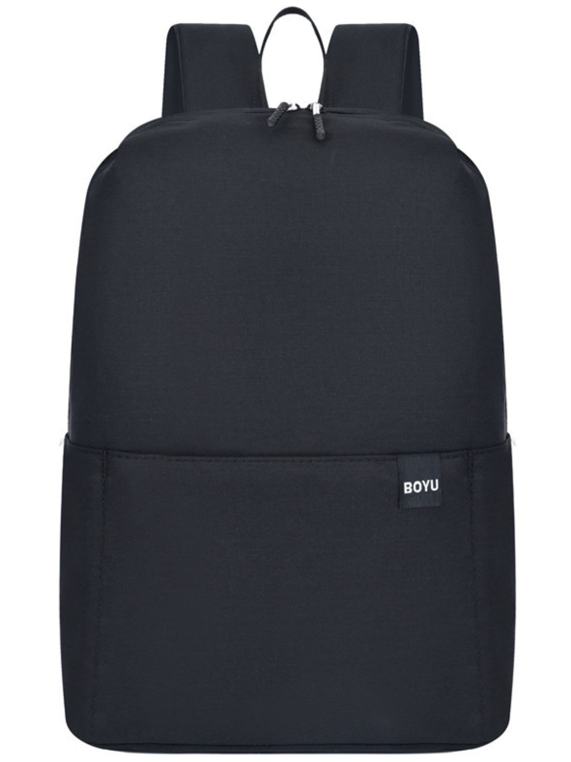 Solid-color black nylon backpack with a streamlined medium silhouette, rounded upper corners, curved base, top zip closure, front slip pocket, and adjustable straps.