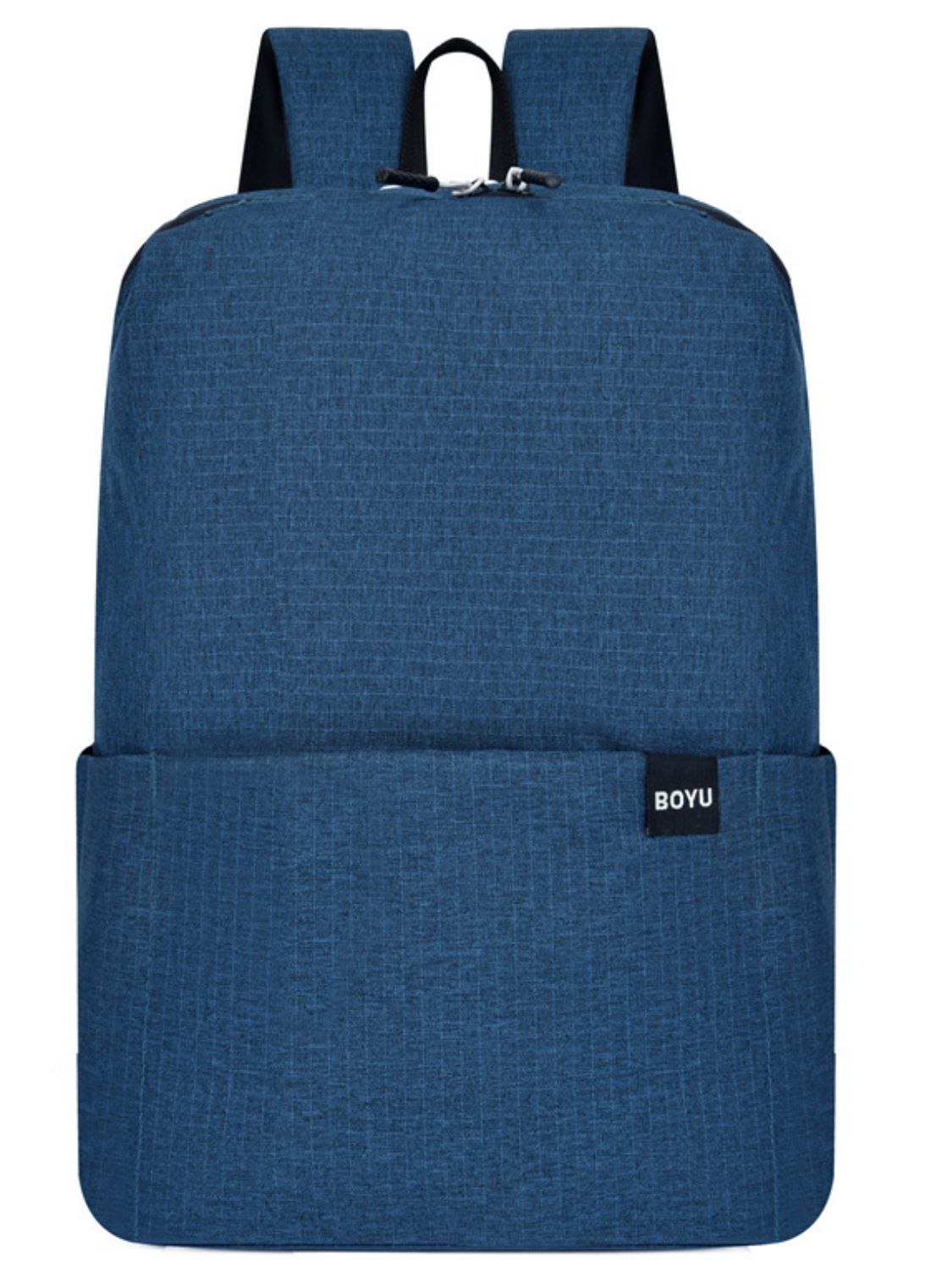 A medium solid blue nylon backpack with a streamlined silhouette, rounded corners, top zip closure, front slip pocket, adjustable straps, and grab handle.