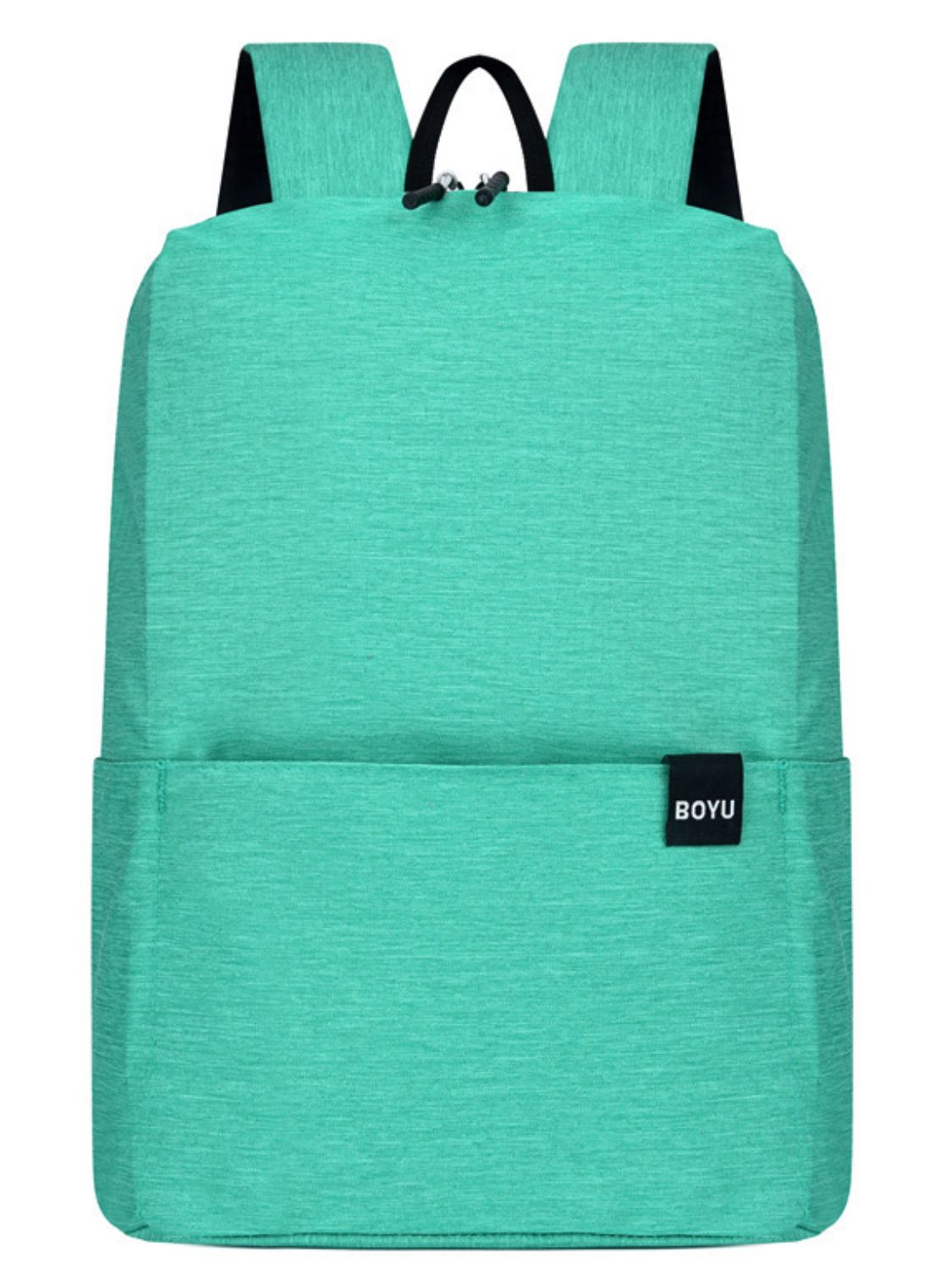 Solid teal nylon backpack with a softly structured silhouette, rounded upper corners, curved base, adjustable straps, top grab handle, and front slip pocket.