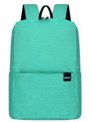 Solid teal nylon backpack with a softly structured silhouette, rounded upper corners, curved base, adjustable straps, top grab handle, and front slip pocket.