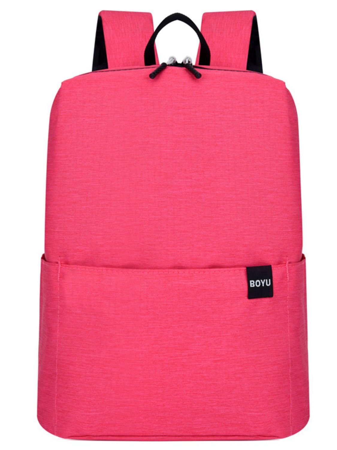 Bright pink solid-color nylon backpack with a softly structured silhouette, rounded corners, top zip closure, adjustable straps, and a roomy exterior slip pocket.