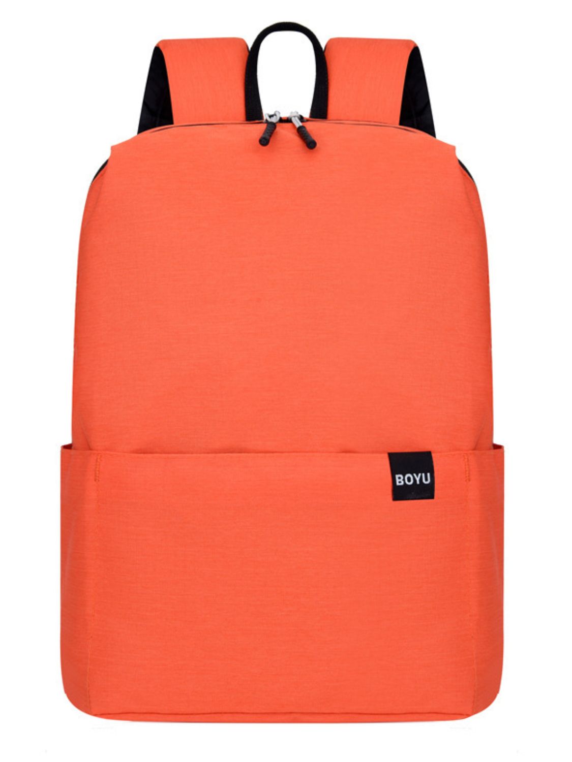 Solid-color coral nylon backpack with a softly structured silhouette, rounded corners, top zip closure, roomy front slip pocket, grab handle, and adjustable black straps.