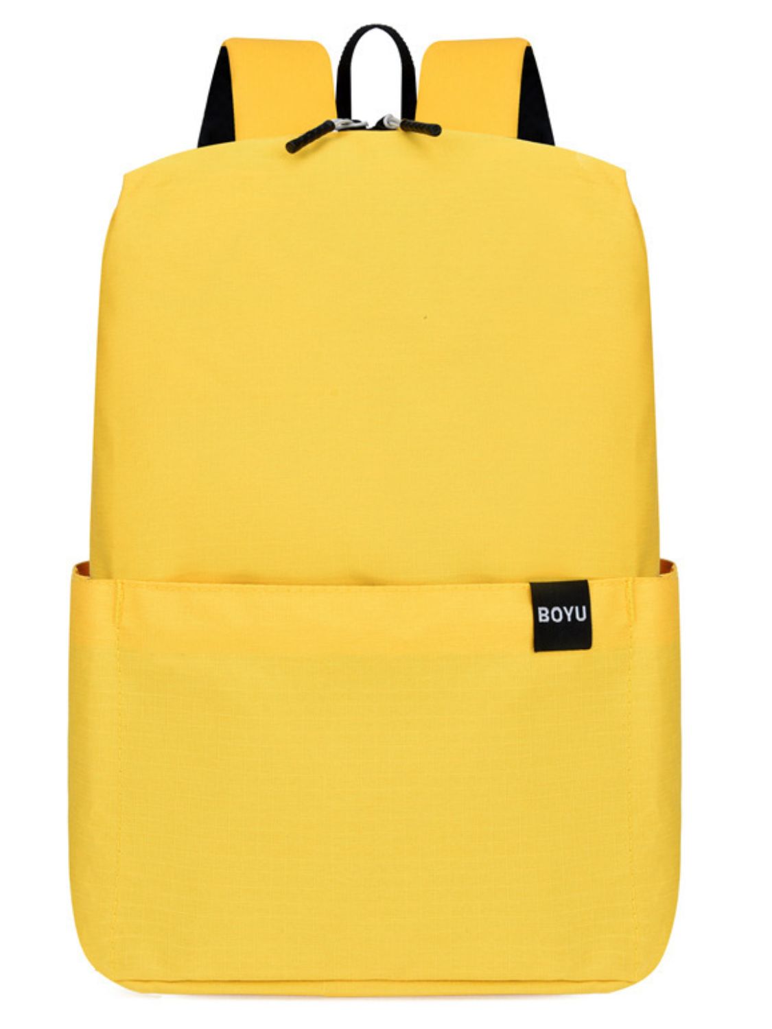 Solid yellow nylon backpack with a streamlined silhouette, rounded upper corners, curved base, top zipper, roomy front slip pocket, adjustable straps, and grab handle.