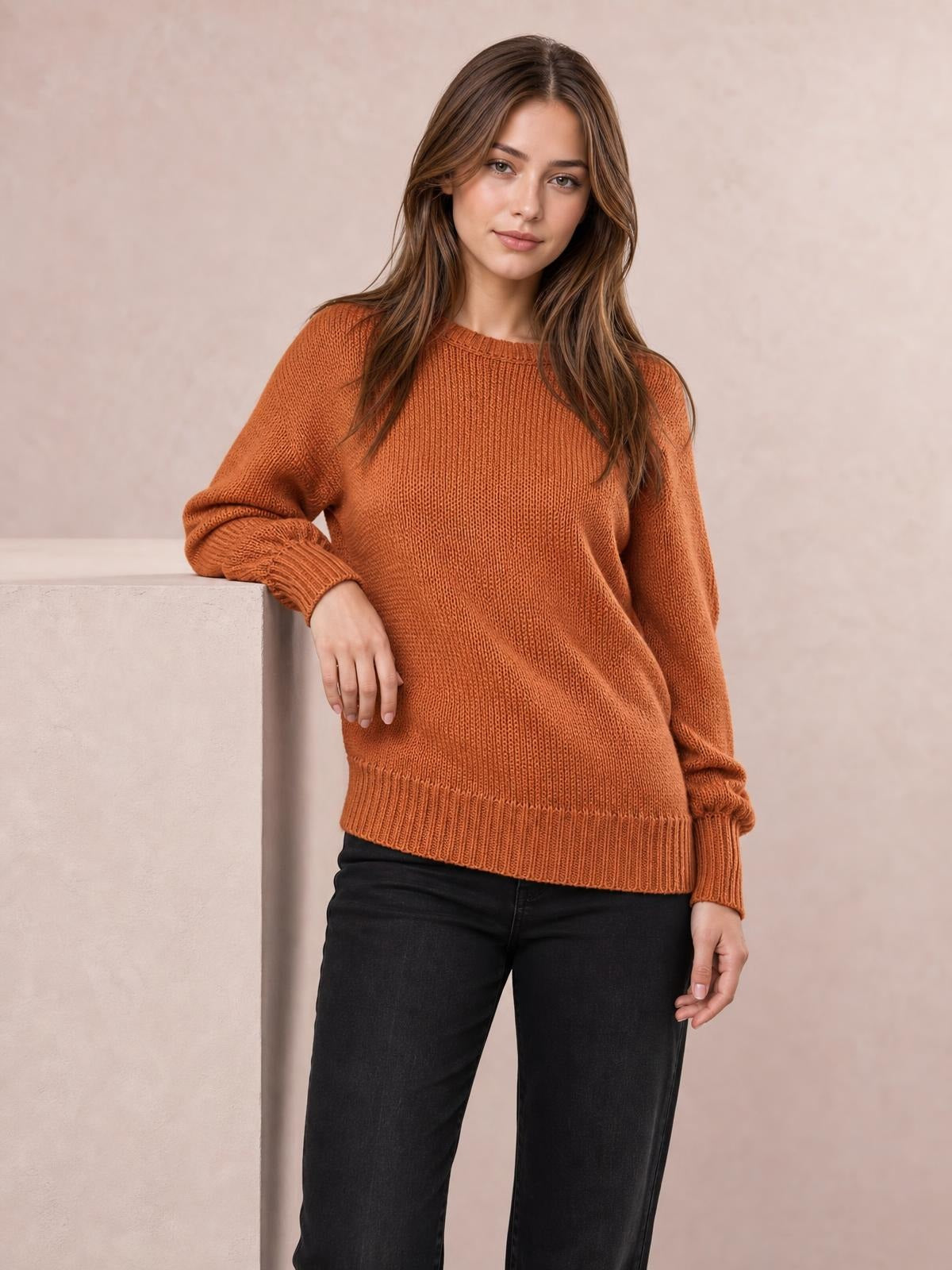 Model wearing a solid rust-orange ribbed sweater with drop shoulders, relaxed silhouette, crew neckline, and ribbed cuffs and hem, leaning against a ledge.