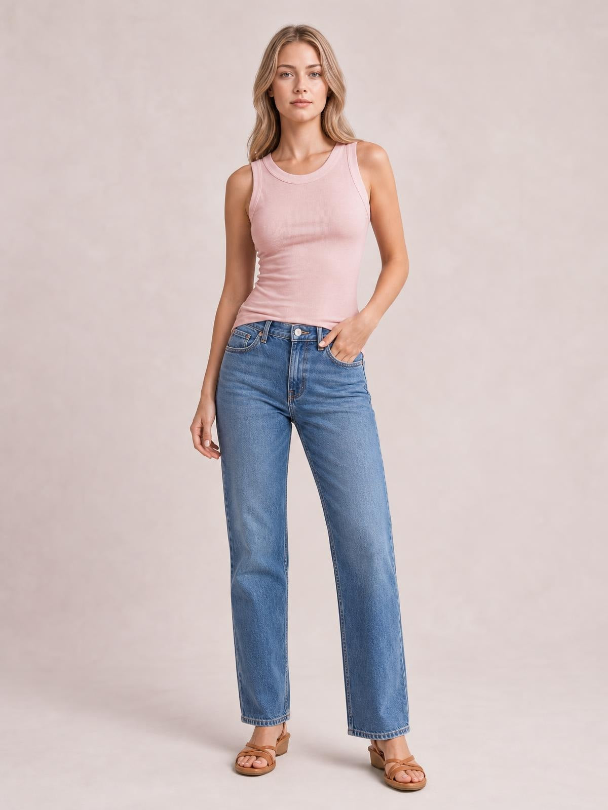 Model stands with one hand in her pocket wearing a solid pink round neck tank with a fitted silhouette, wide shoulder straps, and subtle stretch.