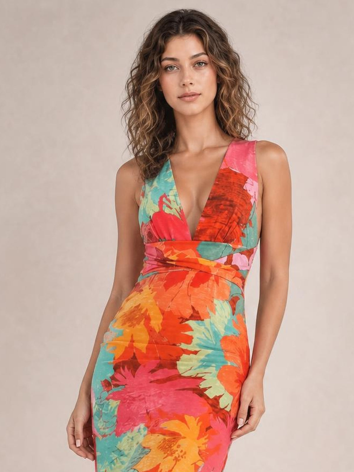 Model poses in a colorful printed plunge maxi dress with sleeveless construction, a fitted silhouette, and a wrapped, tied waist detail.
