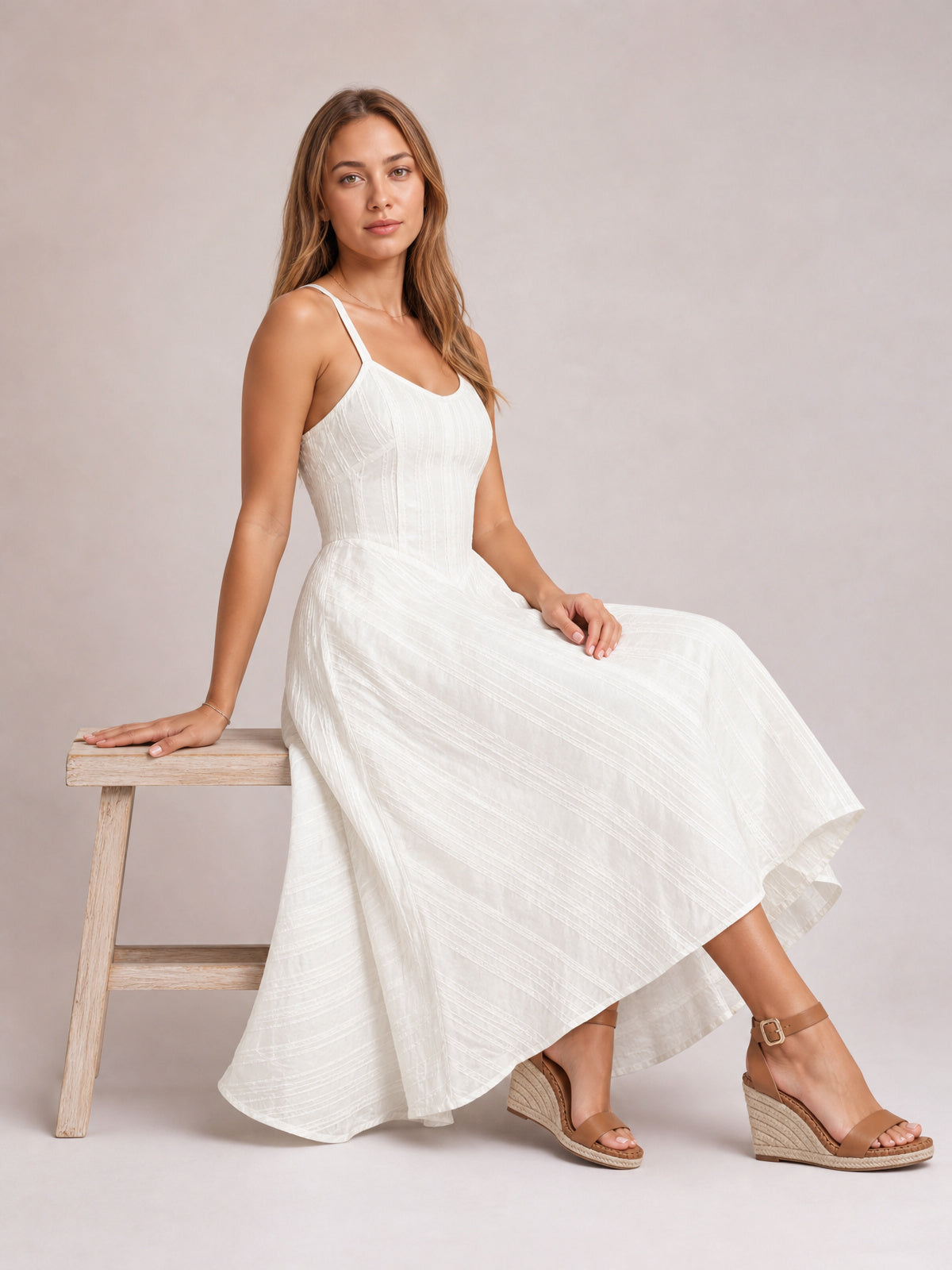 A model seated in a white Square Neck Midi Cami Dress with slim straps, textured fitted bodice, defined waist, and flowing full skirt.